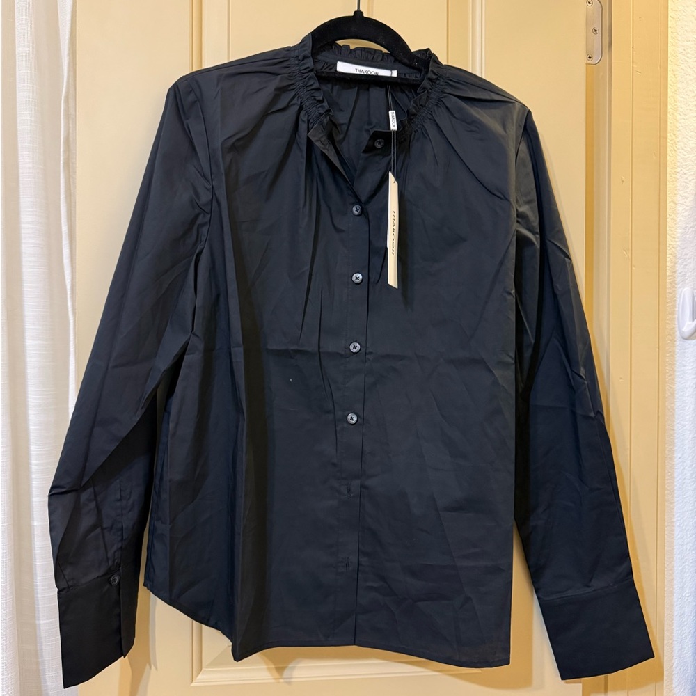 Thakoon Womens Smocked Neck Button Down Blouse Black Long Sleeve Size L